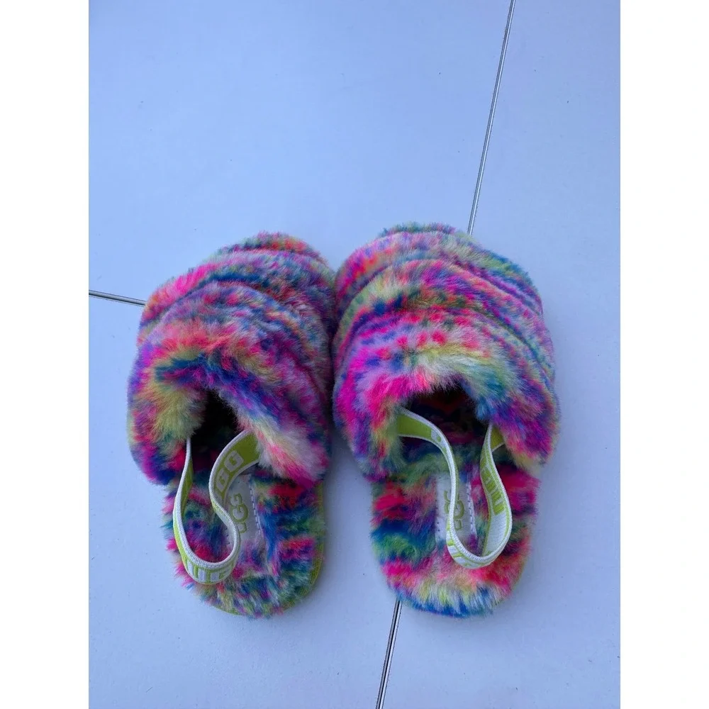 Ugg Kids Girls Fluff Yeah Tie‎ Dye Colorful Slingback Sandal Slippers Size 9